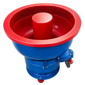 Vibratory deburring machine removing burrs from metal parts